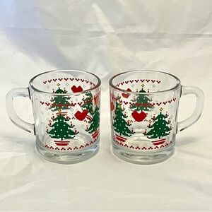 Anchor Hocking Christmas Tree 8-Bit Glass Mugs Coffee Cups USA 1984, Set/2 VTG
